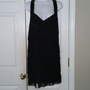 Delicious black classic flapper 20's dress fringe all over sleeveless Sz L-XL